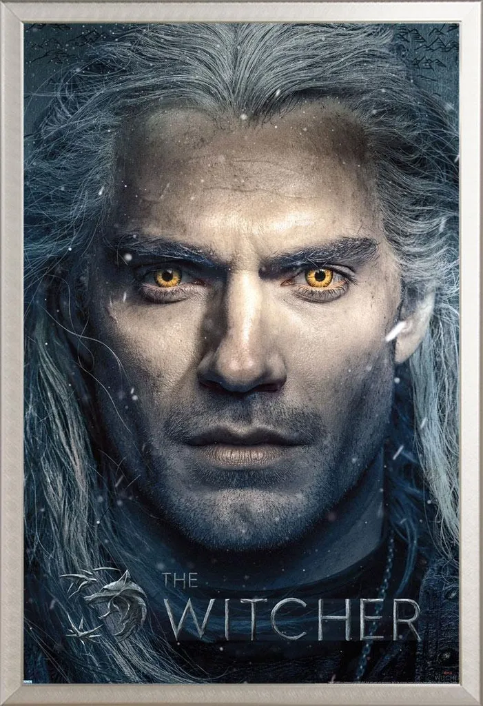 Poster The Witcher Close Up avec cadre en aluminium argenté Shinsuke