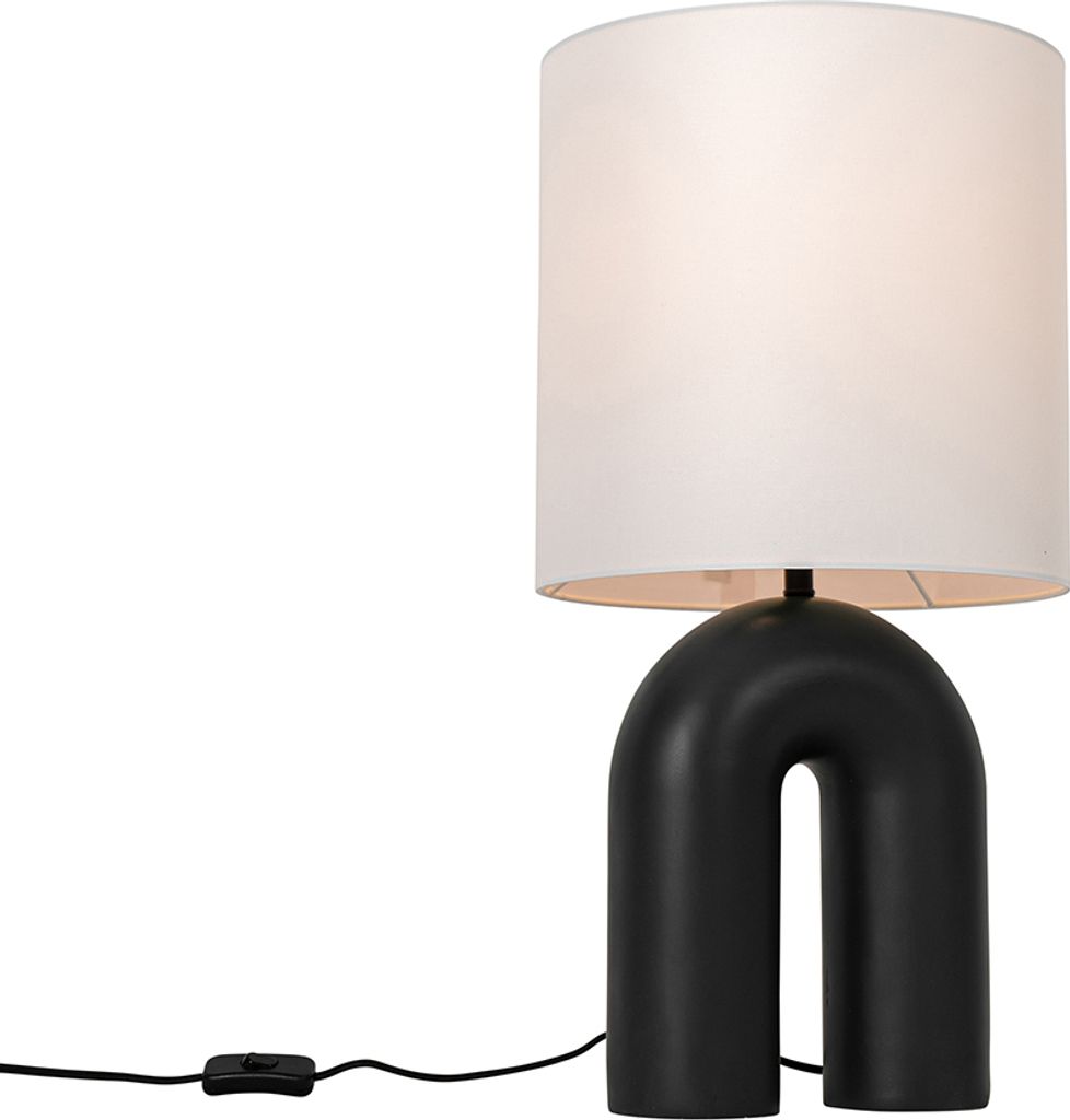QAZQA - Design Skandinavische Tischleuchte I Tischlampe I Lampe I Leuchte Schwarz mit weißem Leinen-Schirm - Lotti I Wohnzimmer I Schlafzimmer - K...