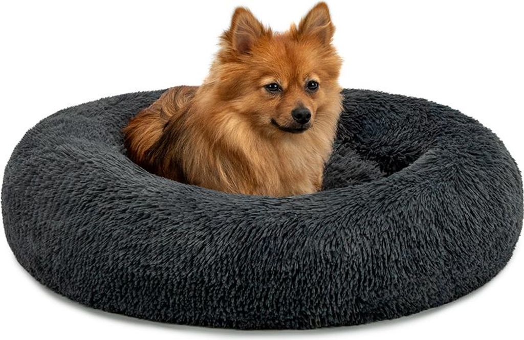 lionto Donut Hundebett, rundes Hundesofa mit Plüschbezug & Anti-Rutsch-Noppen, weich & gemütlich, 60 cm Durchmesser, dunkelgrau