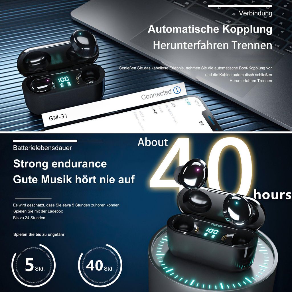 TWS Mini In-Ear Bluetooth 5.3 Kopfhörer mit Noise Cancelling, IPX7, Sport, HIFI Sound, Schwarz