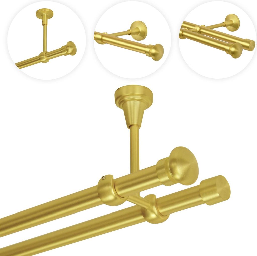 Gardinenstange 240 cm Deckenmontage | Vorhangstange 2 läufig ? 19mm | Gold-Matt Messing Antik Vintage-Look Retro-Stil | FBALL