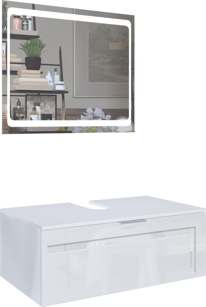 Vladon Waschtisch Waschbecken Unterschrank Aloha V2, Germany, Korpus in Weiß matt / Fronten in Weiß Hochglanz mit Absetzungen in Weiß Hochglanz,...