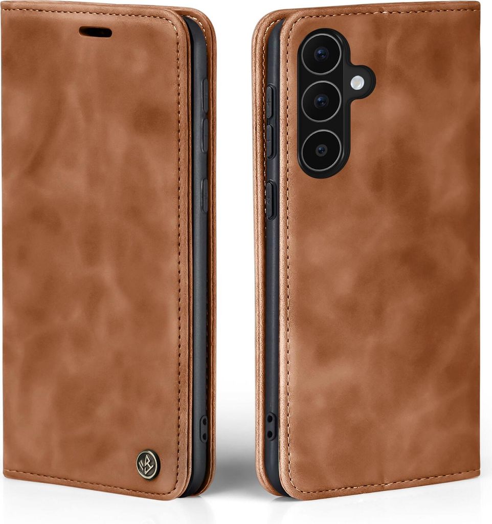A brown leather flip case for a smartphone is shown from two angles.