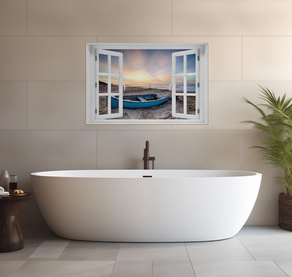 Wallario wasserfestes Poster selbstklebend 91,50 x 61 cm, Fischerboot am Strand bei Sonnenuntergang, Badezimmerposter Spritzschutz mit Hochglanzobe...