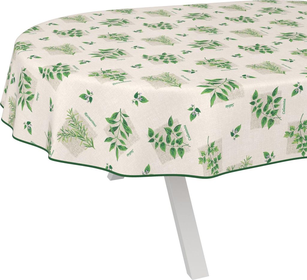Tischdecke Botanic Kräuter Beige Grün Oval 220x140cm mit Band-Kante Wachstuch abwaschbar