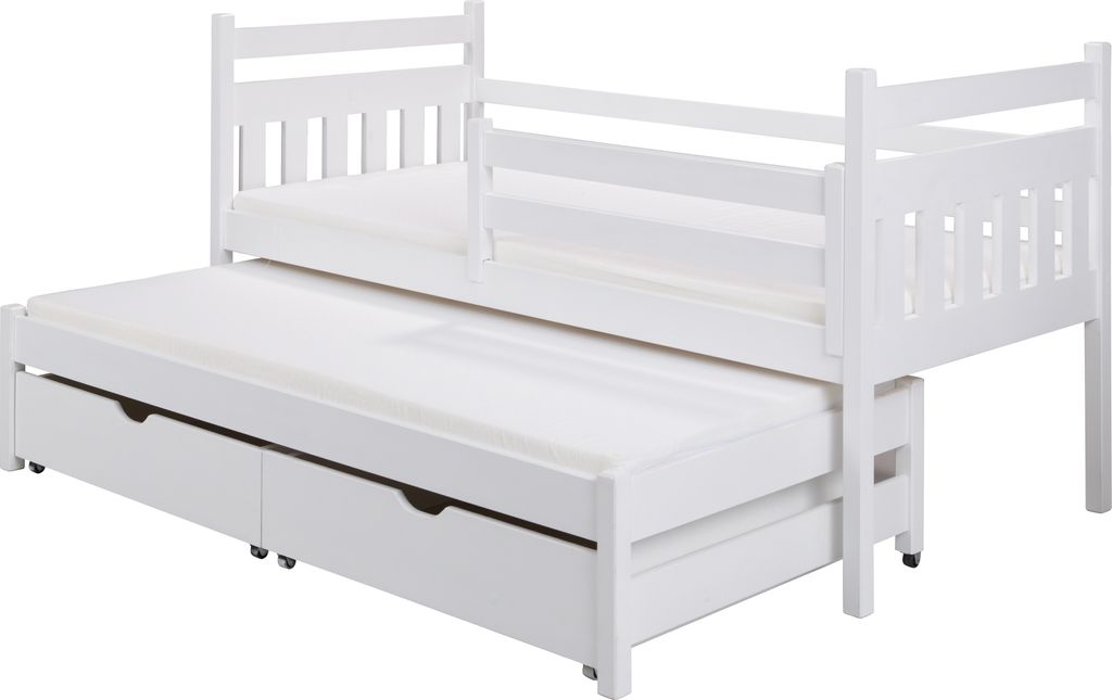 KEF Kinderbett NOAH Bett aus Holz mit Stauraum Jugendbett und Mädchenbett für Kinderzimmer Ausziehbett für ZWEI Personen Weiß ohne Matratze 90x...