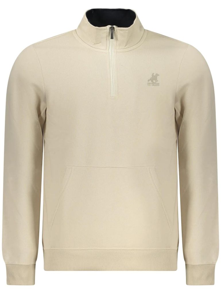 Beiges Herren-Sweatshirt: Langarm, gefüttert, halber Zip, Logo-Druck