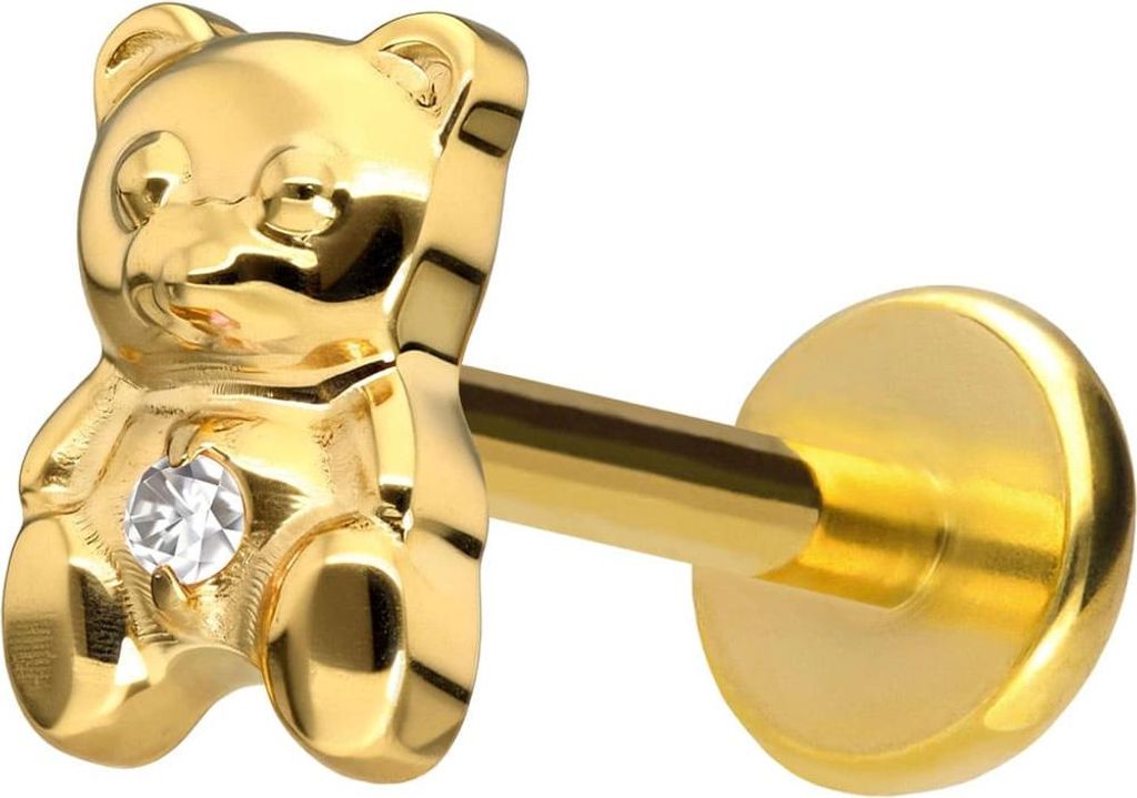 Ohrpiercing, Nasenpiercing Titan Labret mit Push Fit TEDDYBÄR Gold Stablänge: 10mm | Stabstärke: 1mm