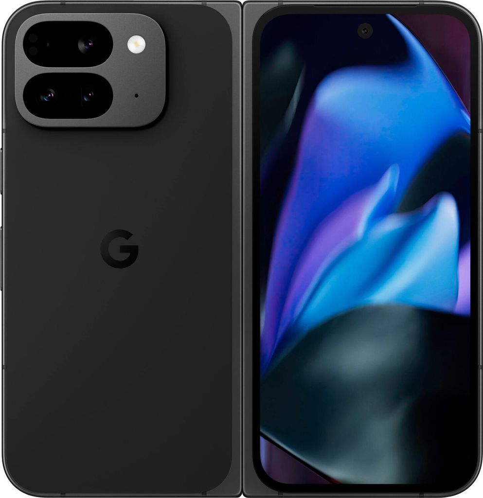 A folded smartphone is shown with its back and front screens visible. The back shows the camera module and the Google logo, while the front screen displays a colorful abstract wallpaper.