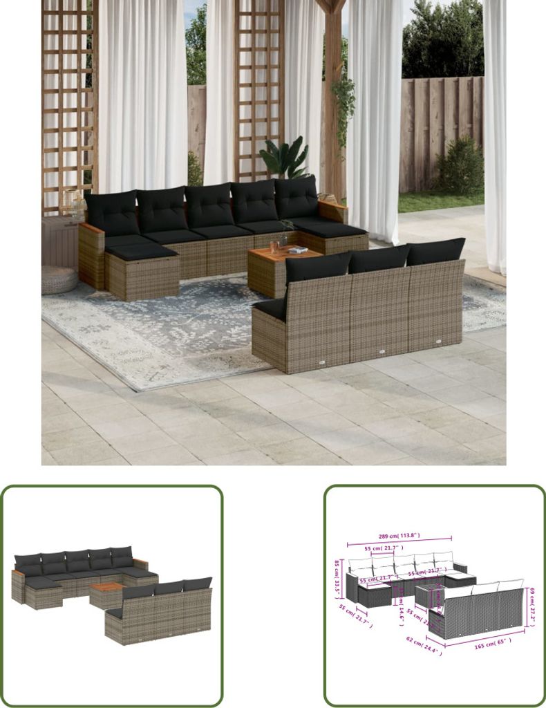 The Living Store 11-tlg. Garten-Sofagarnitur mit Kissen Grau Poly Rattan