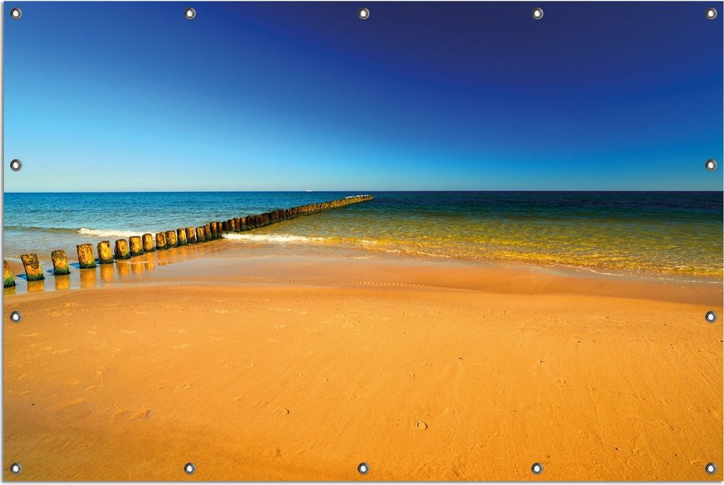Wallario Outdoor-Poster für Garten oder Balkon, Motiv Sandstrand in orange - Blaues Meer - Blauer Himmel, in ca. 120 x 180 cm