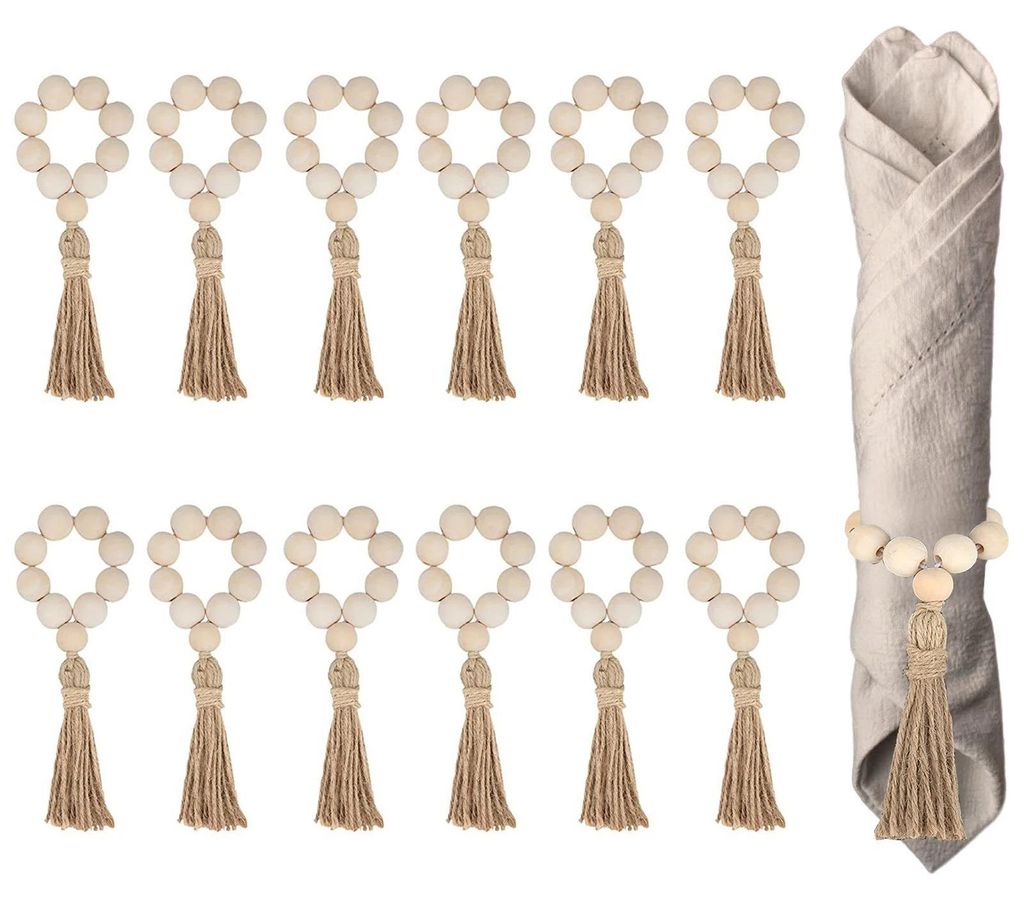 Holzperlen mit Quasten - Serviettenringe - 12er-Set - Boho Landhausstil - Weihnachten & Hochzeit Tischdeko - Natur