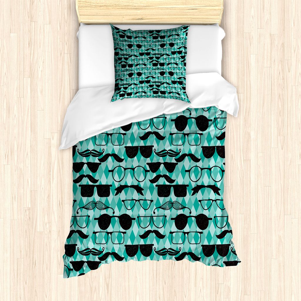 ABAKUHAUS Hipster Bettbezug Set für Einzelbetten, Schnurrbart und Brille Manly, Milbensicher Allergiker geeignet mit Kissenbezug, 135 cm x 200 cm ...