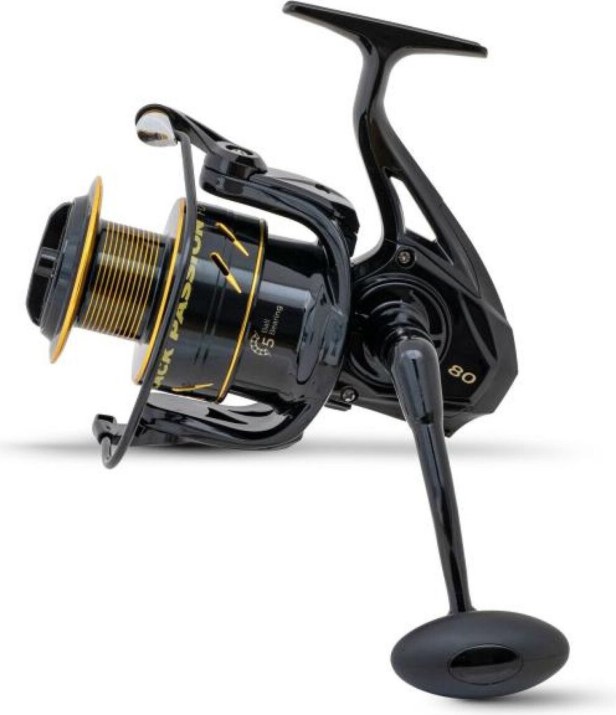 A black fishing reel with gold accents, shown against a white background.