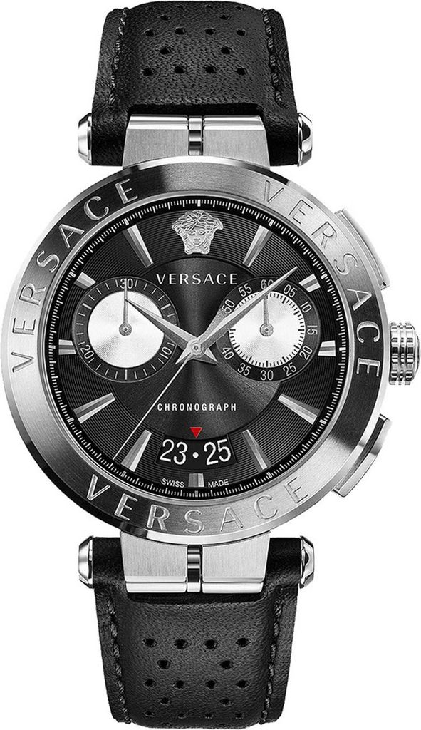 Versace VE1D00719 Aion Chronograph silber schwarz Leder Armband Uhr Herren NEU