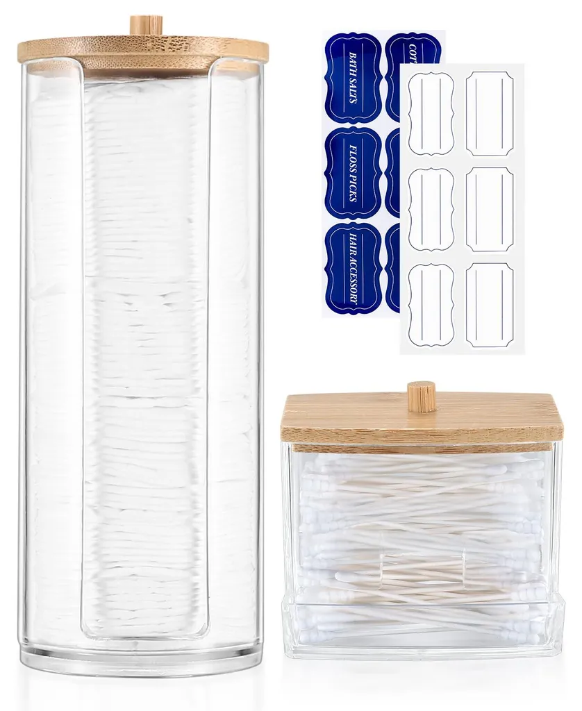 Porte-coton-tiges et distributeur de disques avec couvercle en bambou