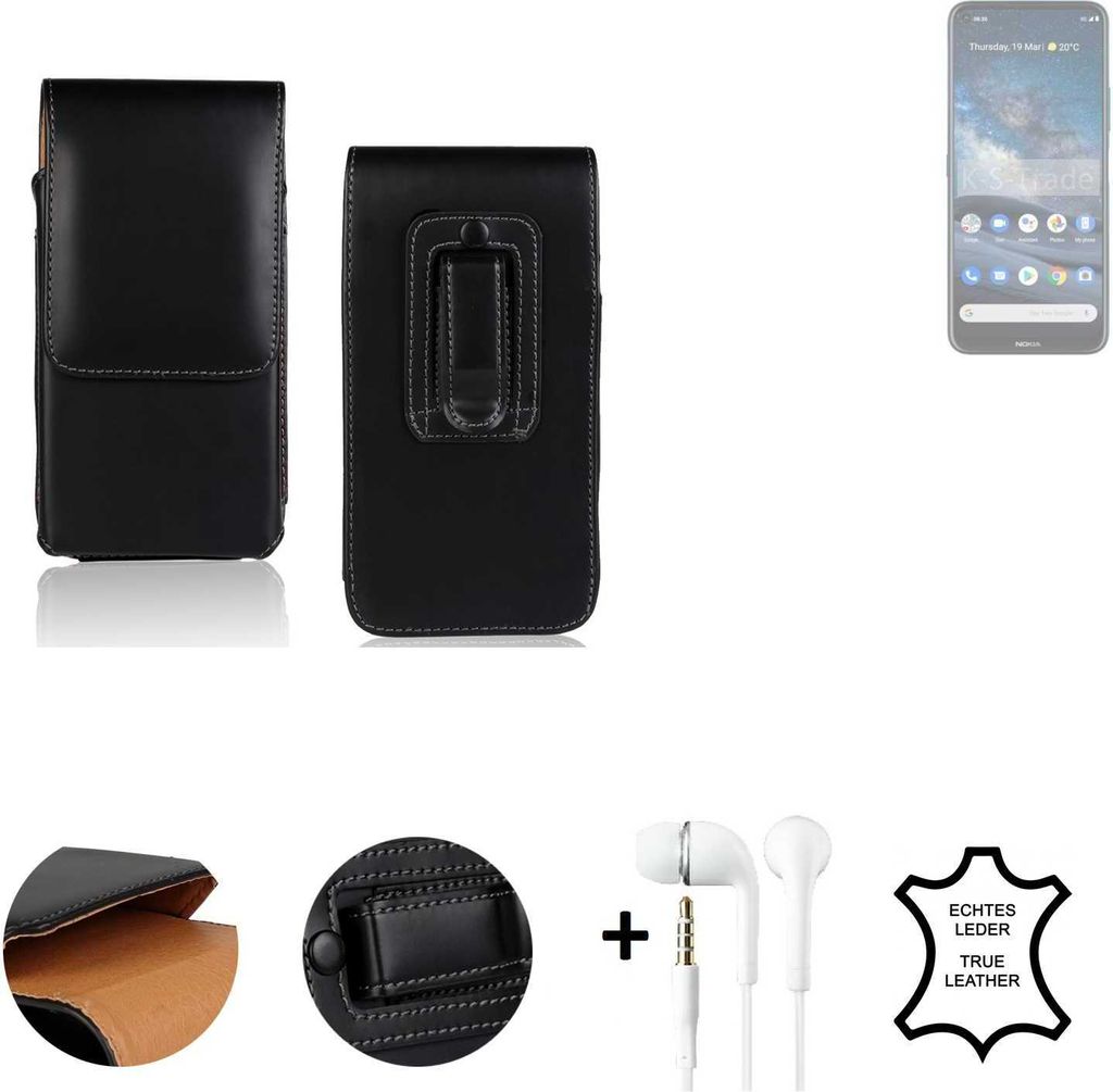 K-S-Trade Leder Gürteltasche + Kopfhörer kompatibel mit Nokia 8.3 5G Seitentasche Belt pouch Holster Handyhülle Schutz Hülle Etui schwarz 1x