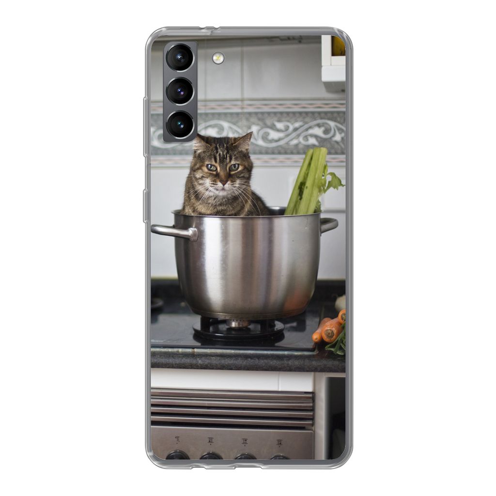 MuchoWow Handyhülle Schutzhülle Hülle für Samsung Galaxy S21 Plus Katze - Pfanne - Küche Silikon Softcase Handy Hülle - Handy-Tasche