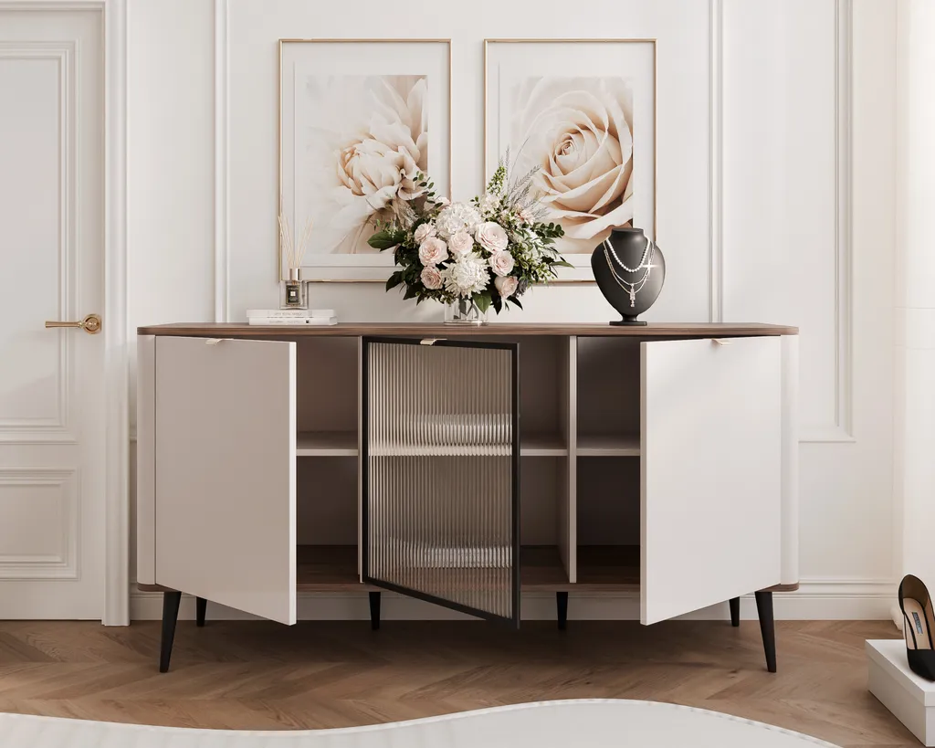 Meuble de rangement 160 cm NAVANI, bahut de salon chic effet strié