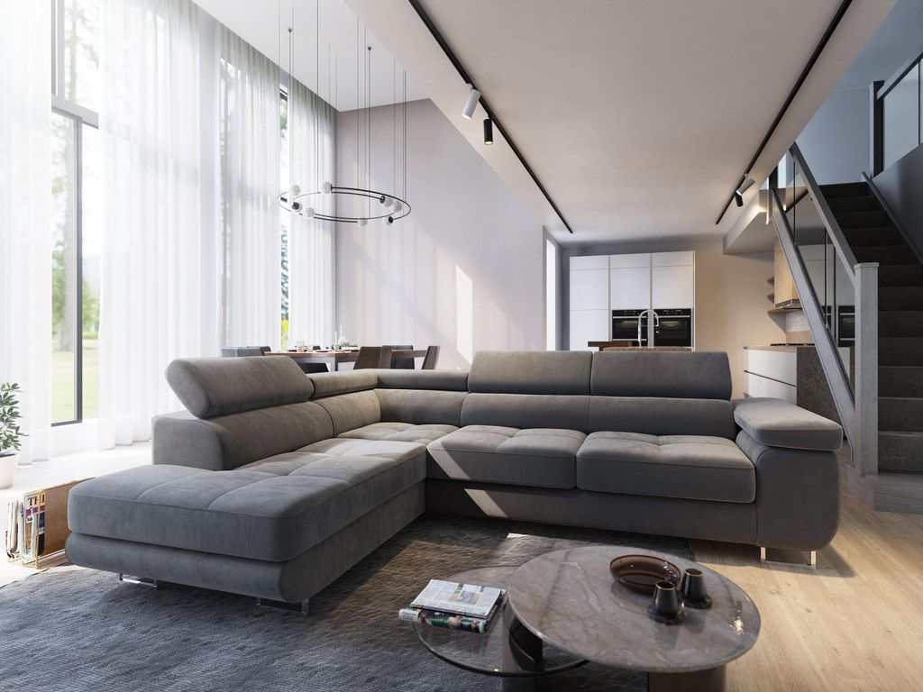 Masseno Ecksofa SELVA L-S mit Schlaffunktion L-Form, Sofa mit Bettkasten, Wohnzimmersofa, Couch, Soffa, Bettsofa, Couchgarnitur- Grau, MONOLITH 85