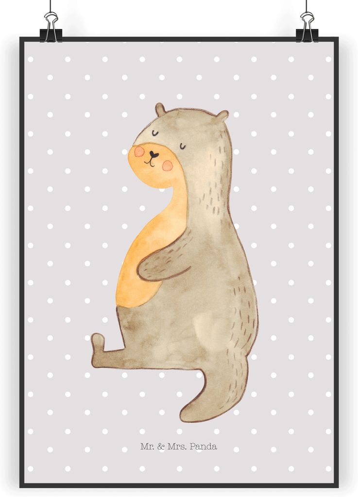 Mr. & Mrs. Panda Bild Otter Bauch DIN A5 - Grau Pastell - Geschenk, wanddeko, Design Poster, Kunstdruck, voll Gefuttert, Sportmuffel, Zufrieden, Sa...