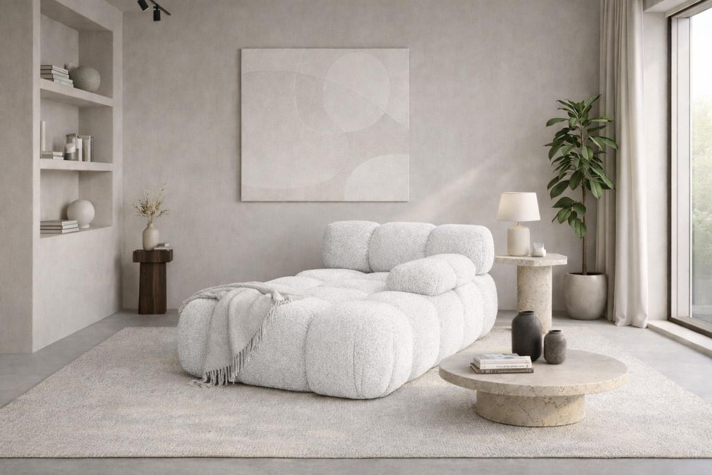 Kaiser Möbel Chaiselongue modular, Bouclé-Stoff Abriamo, Ecru, Rechts, Selia
