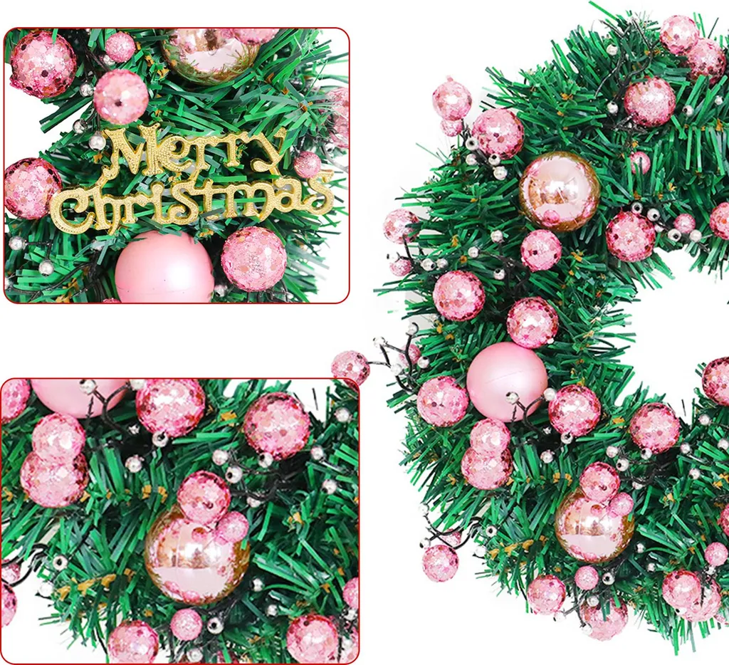 Couronne de Noël 19.7-inch avec Boules de Noël Rouges et Or pour Porte