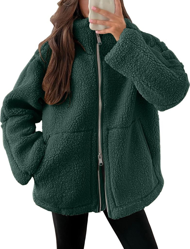 ASKSA Damen Teddy Fleece Jacke Warme Flanell Jacke Dicke Freizeit Winterjacke Einfarbig Fleecejacke mit Taschen Reissverschluss Wintermantel,Dunkel...