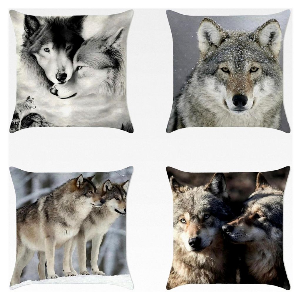 Kissenbezug aus Leinen 40x40 Grau mit Wolf-Muster, 4er Set, Dekokissenbezüge für Couch und Sofa