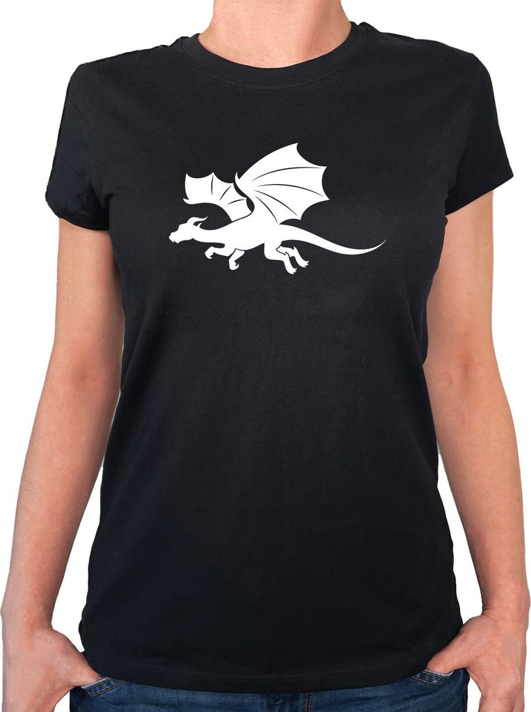 Huuraa Damen T-Shirt Drache Silhouette S Black Bio Baumwolle Fairtrade Damenshirt Geschenkidee