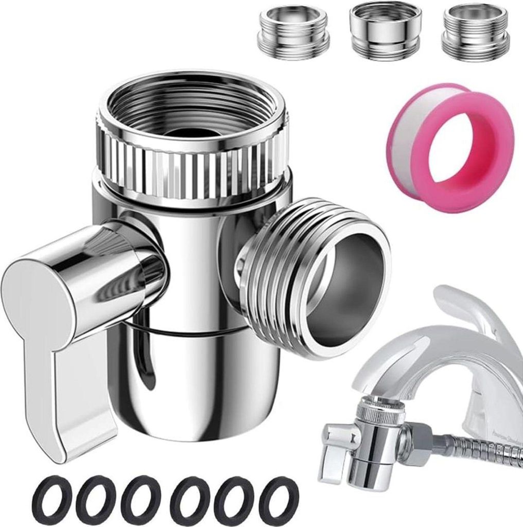 3 Wege Wasserhähn Adapter Umschaltventil G1/2 Zoll Wasserhahn Diverter Ventil Messing Chrom Poliert, Mit 6 4-Punkt-Gummi-Flachpolstern,mit 3 Ada...