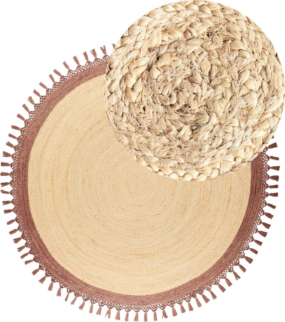 BELIANI Teppich Beige und Braun Jute Rund ø 200 cm mit Fransen Boho Rustikal Spiralform Geflochten Handgefertigt Natürlich Schlafzimmer Wohnzimmer