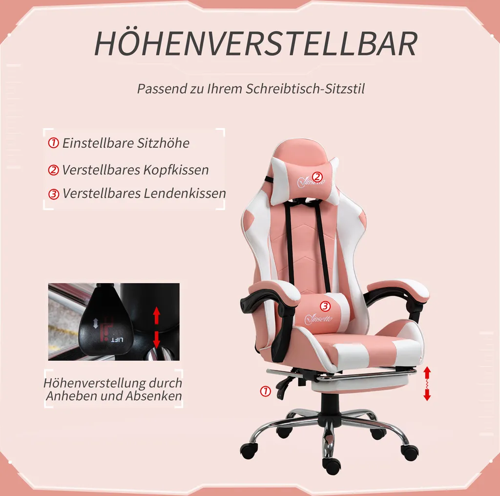 Vinsetto Sedia Ergonomica Design Rosa: Eleganza e Comfort al PC - 4