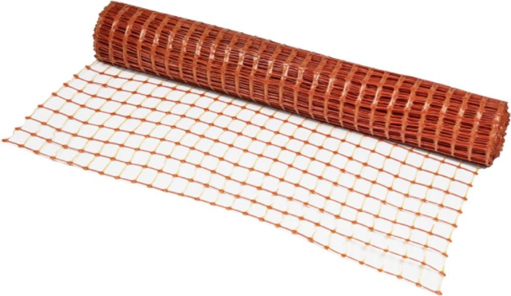 A roll of orange plastic safety netting is partially unrolled on a white background.