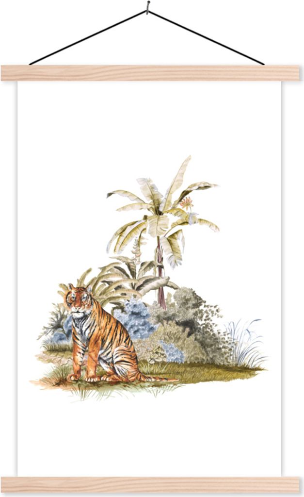 MuchoWow Textilposter Tiger - Pflanzen - Weiß 120x180 cm mit holzfarbenen Rahmen - Textil-Plakat