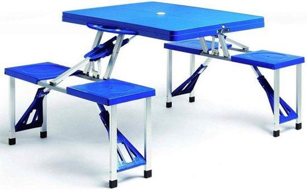 Klappbarer Aluminium Campingtisch mit Sitzplätzen und Sonnenschirmhalter ideal für Camping