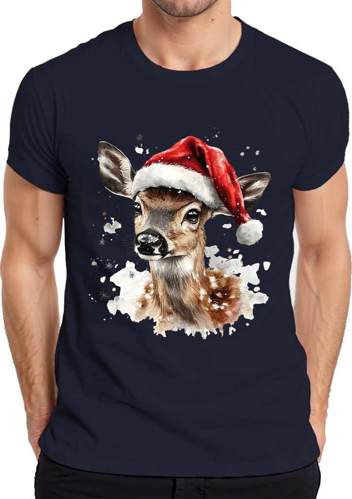 Weihnachten Rehkitz Aquarell Santa niedlich Winter Geschenk Herren T-Shirt, Navy, L