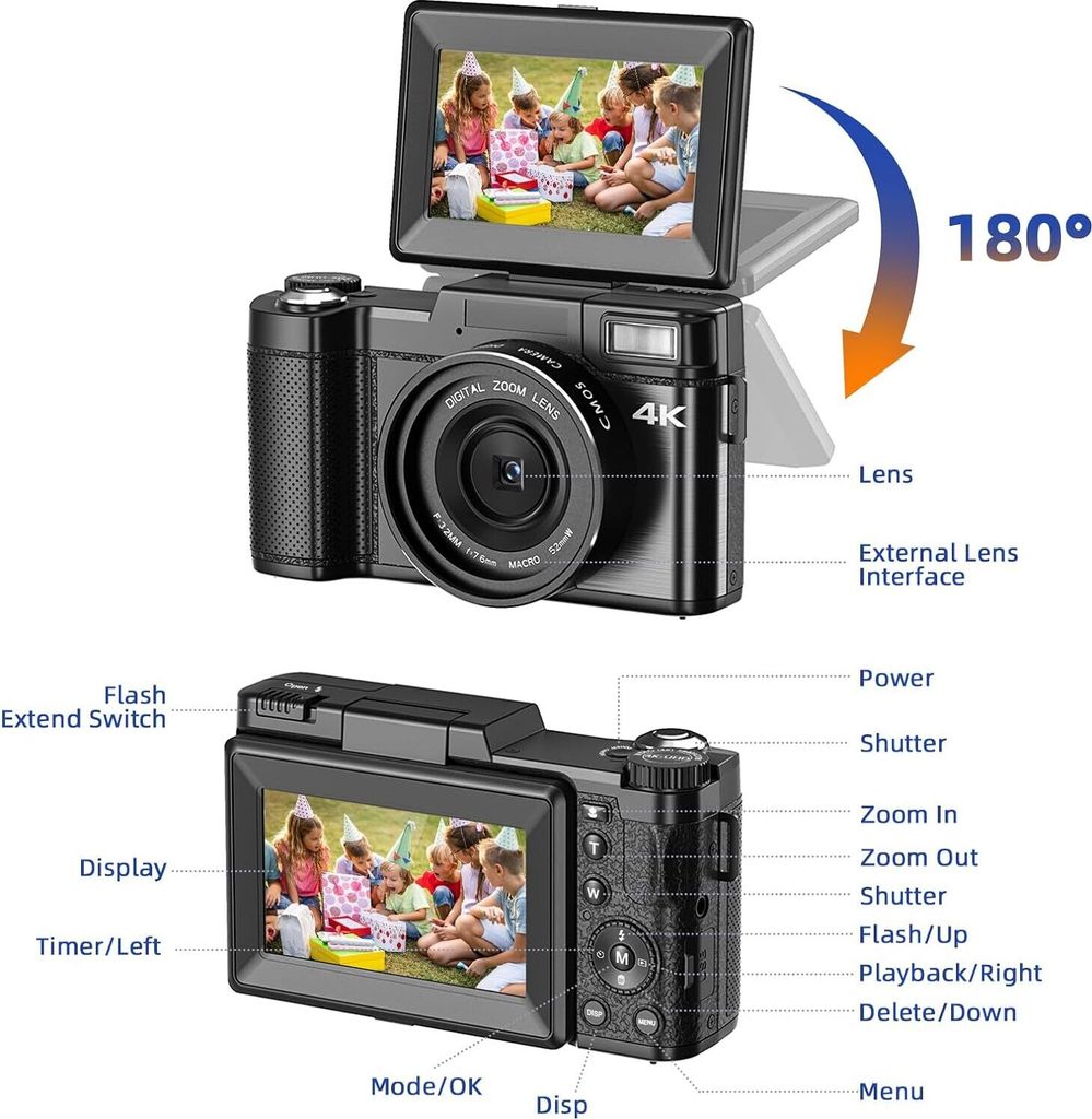 Appareil Photo Numérique Enfant Fine Life Pro 48MP 1080P WiFi - Double Caméra, Écran Tactile 3", Carte 32Go, Bleu Dinosaure