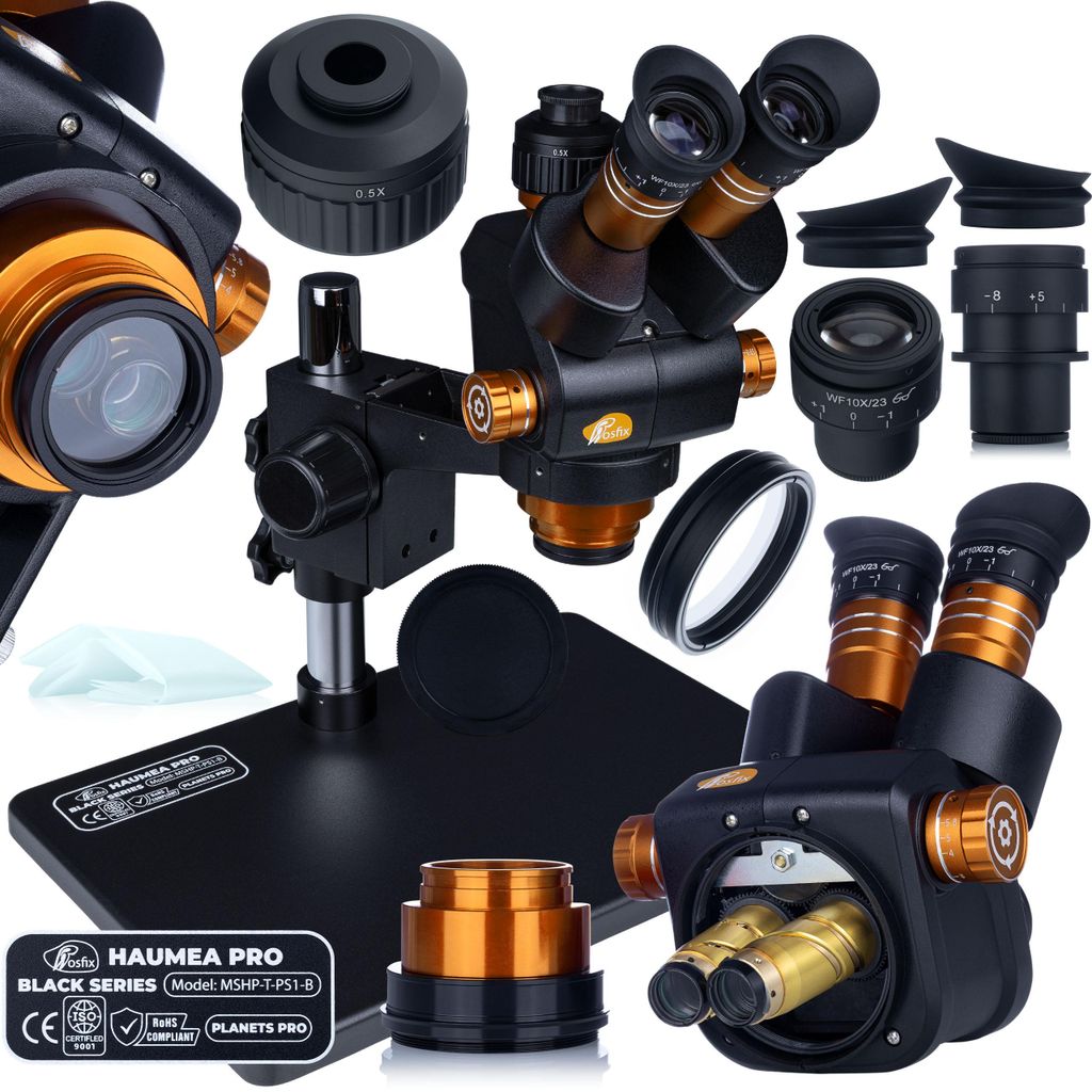 Trinokular Mikroskop Haumea Pro Black Series MSHP-T-PS1-B – 6,5x–58x Zoom | 360° drehbare Kopf | C-Mount Kameraanschluss | Metallbasis 38x26 c...