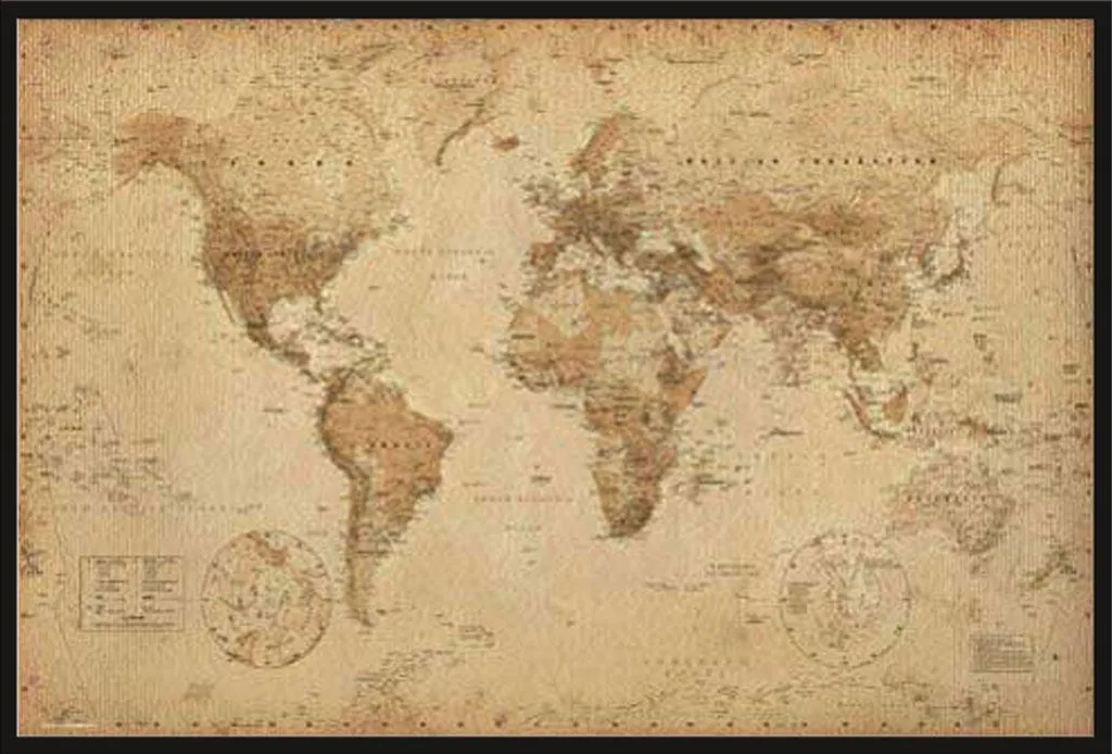 Tableau Carte Géographique Ancienne avec Cadre Noir Shinsuke en Acrylique