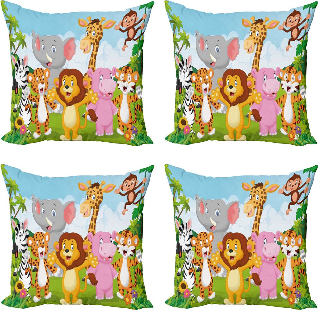 ABAKUHAUS Kindergarten Kissenbezug Set (4 Stück), Comic Savannah, Moderner Doppelseitiger Digitaldruck, 60 cm x 60 cm, Mehrfarbig