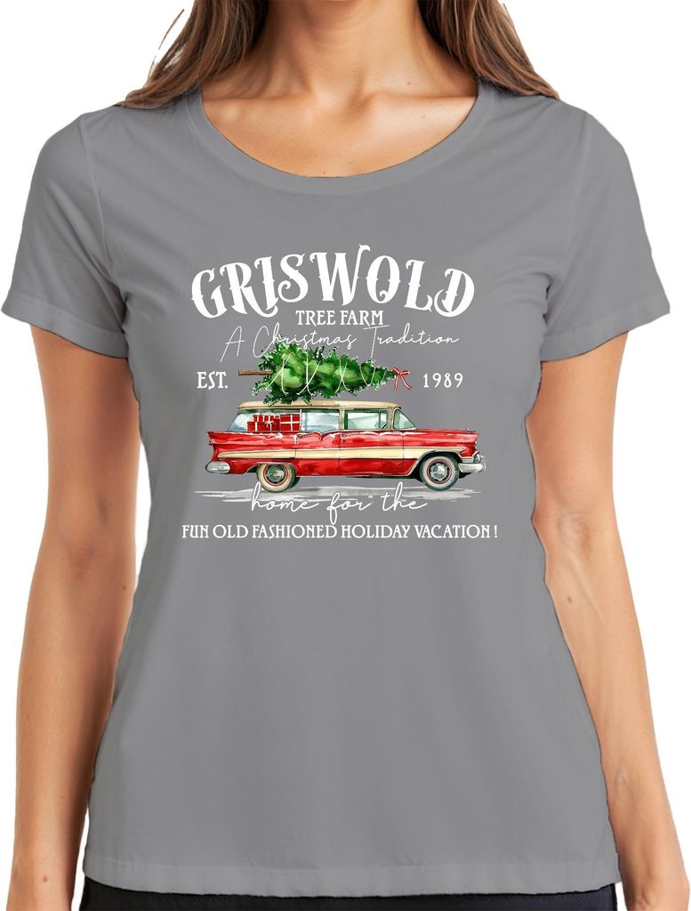Griswold Tree Farm Christmas Tradition Vintage Car Holiday Damen T-Shirt, Grau, L