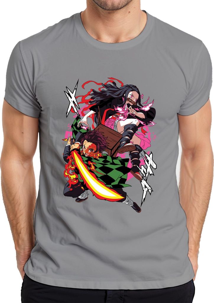 Kimetsu no Yaiba Tanjiro Nezuko Feuerklinge Anime Geschenk Manga Herren T-Shirt, Grau, XXL