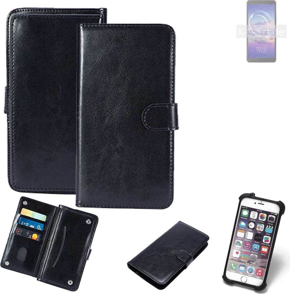 K-S-Trade 360° Hülle kompatibel mit Alcatel 3C (2019) schwarz Kunstleder Case BookCase WalletCase Kunstlederederhülle Handyhülle, Rundumschutz