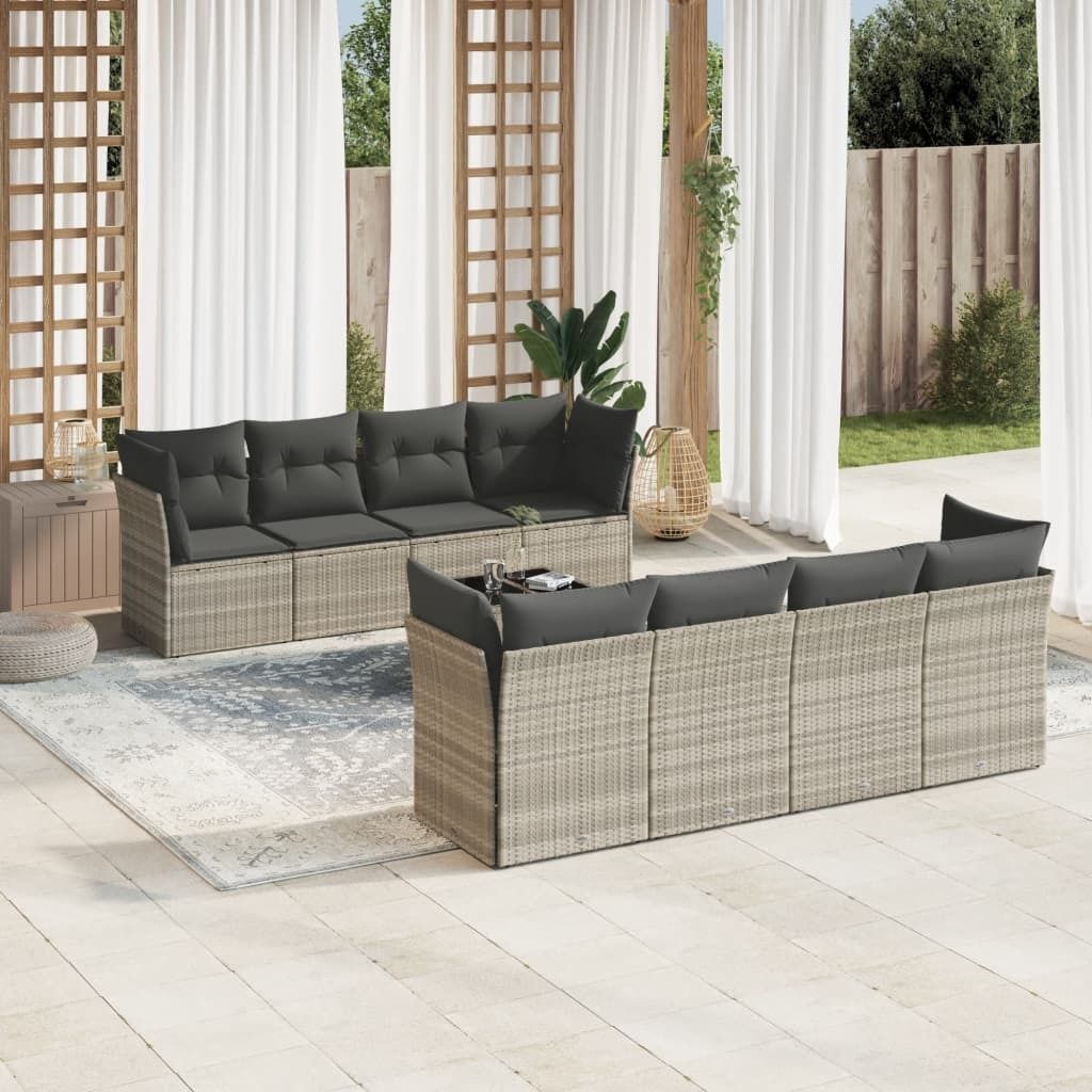"Rabatt" 9-tlg. Garten-Sofagarnitur - mit sofa - mit Kissen Hellgrau Poly Rattan - Lounge-Dining set CC9648