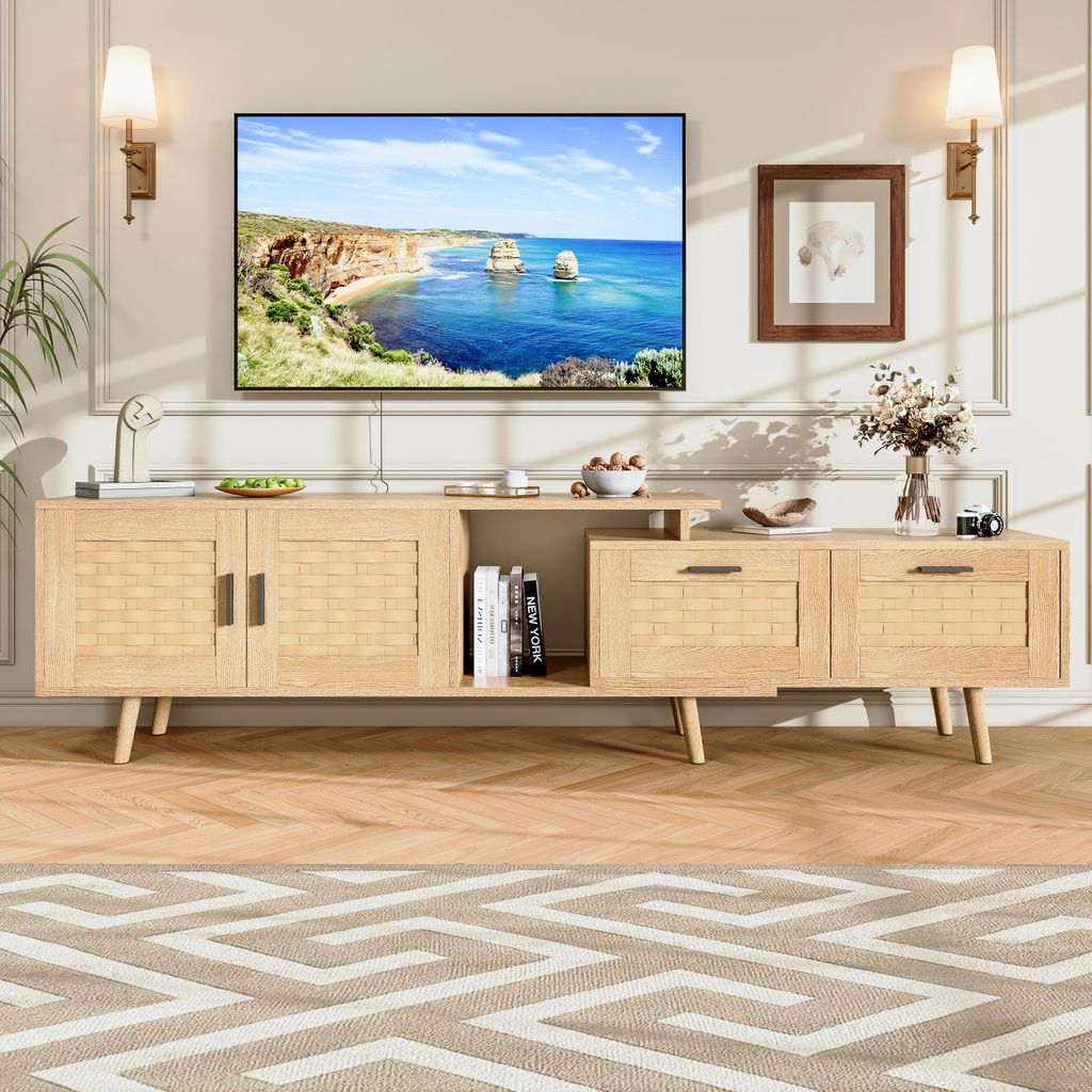 Fortuna Lai TV-Schrank aus Holz 180 cm mit Geflochtenen Türen, Modernes Design, Offene und Geschlossene Aufbewahrung, Massivholzbeine, Für Fernse...