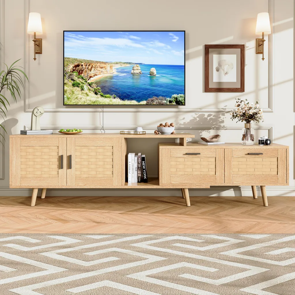 Meuble TV Salon pour Grand Écran 75 Pouces avec Rangement Bois Naturel