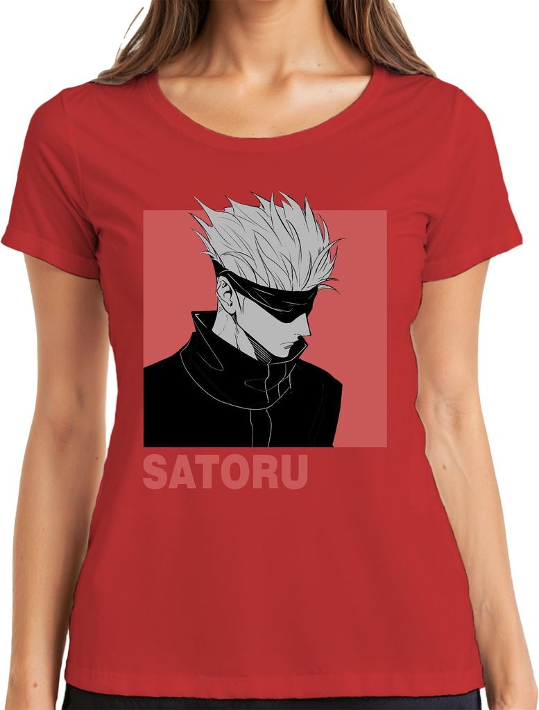 SATORU GOJO Jujutsu Kaisen Anime Ästhetik Fan Geschenk Augenbinde Damen T-Shirt, Rot, M