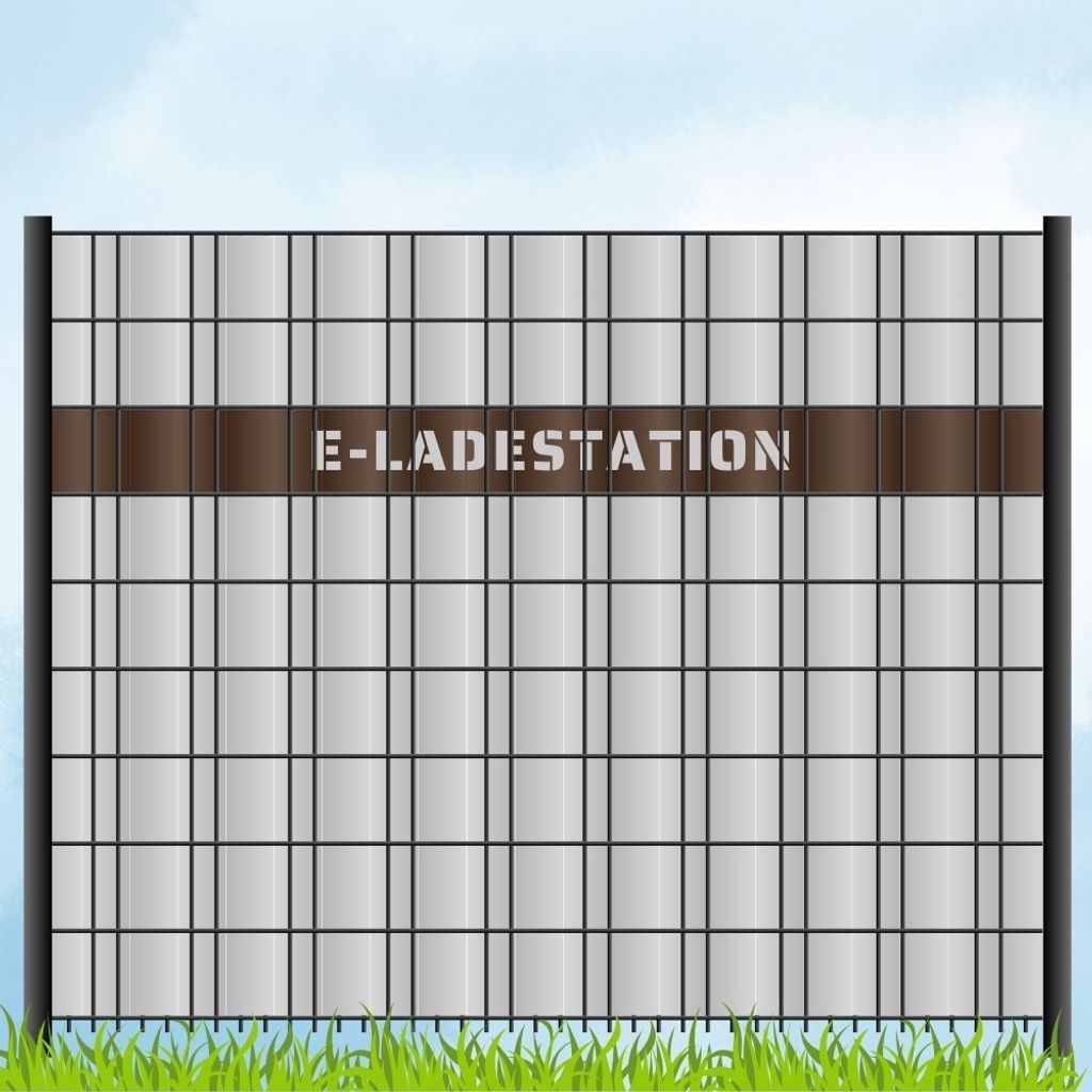 zaun|zu Sichtschutzstreifen mit Laser Beschriftung "E-LADESTATION" Doppelstab Braun