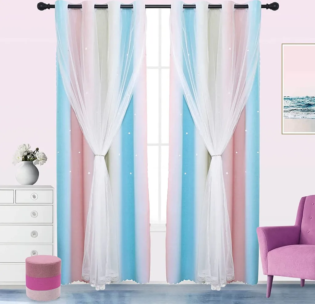 Rideaux Étoilés Opaques Rose Jaune : Double Couche avec Voilage Décoratif